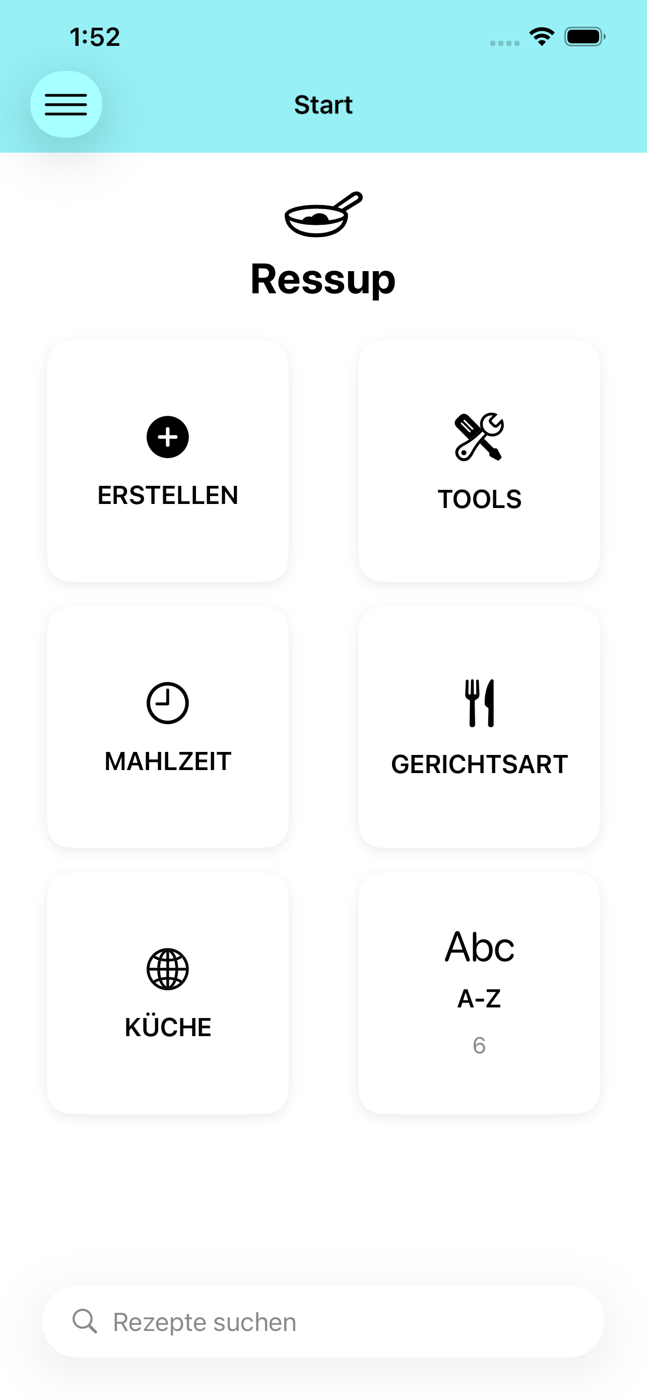 Ressup-Startbildschirm mit Rezeptkategorien