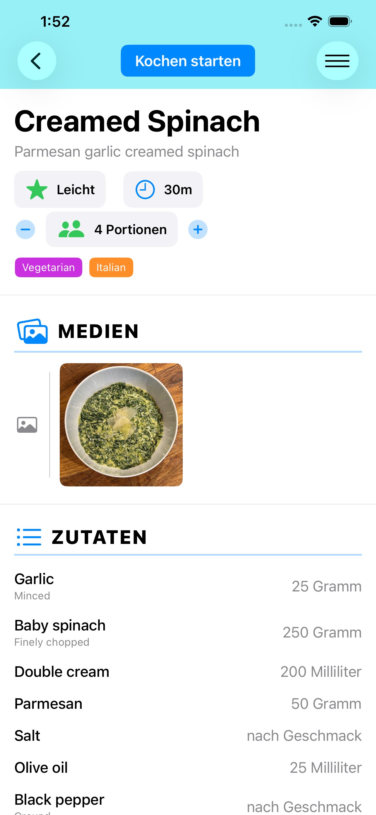 Rezeptdetailansicht mit Zutaten und Schritten