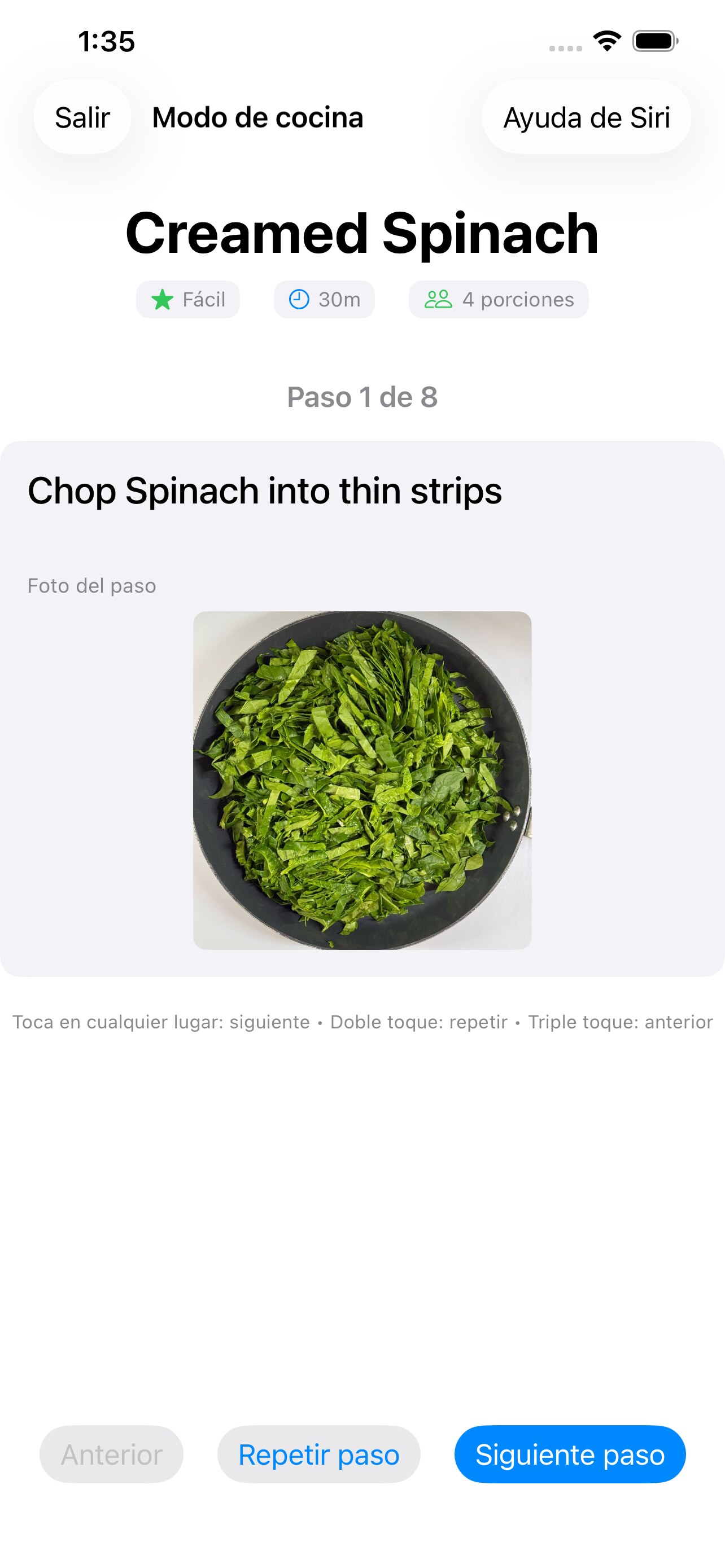 Modo de cocina con instrucciones paso a paso