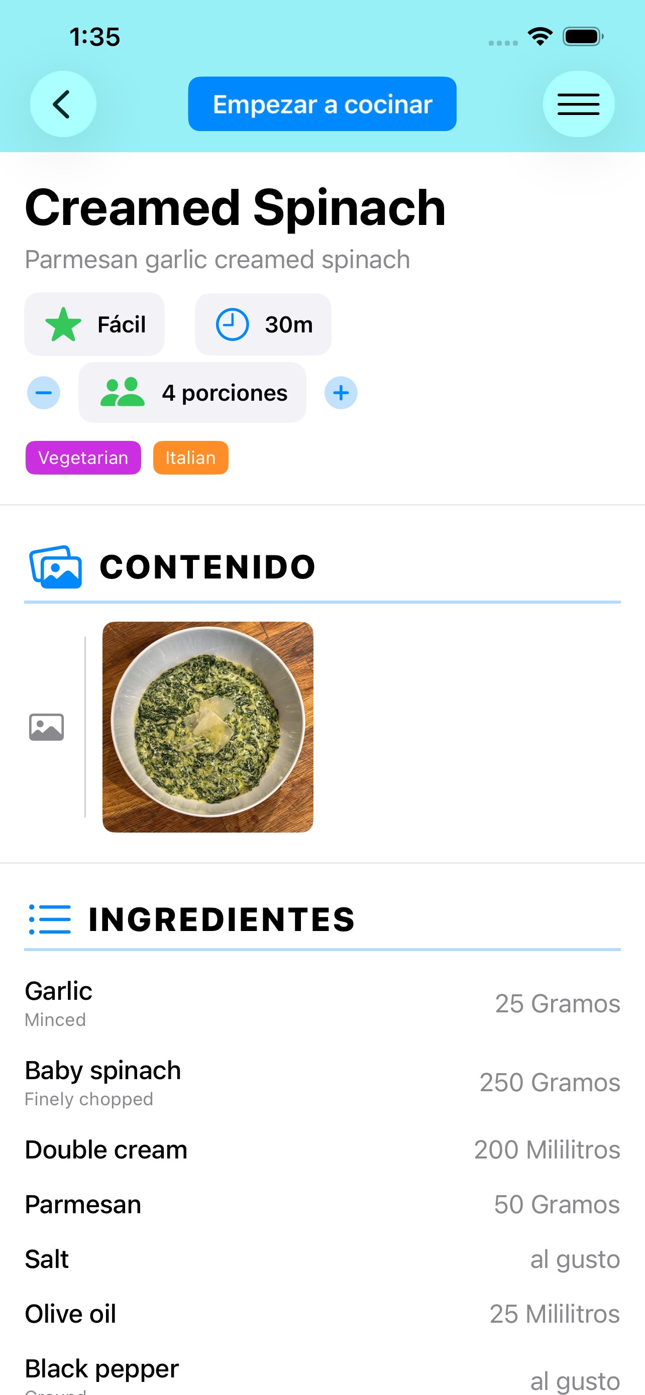 Vista de detalle de receta con ingredientes y pasos