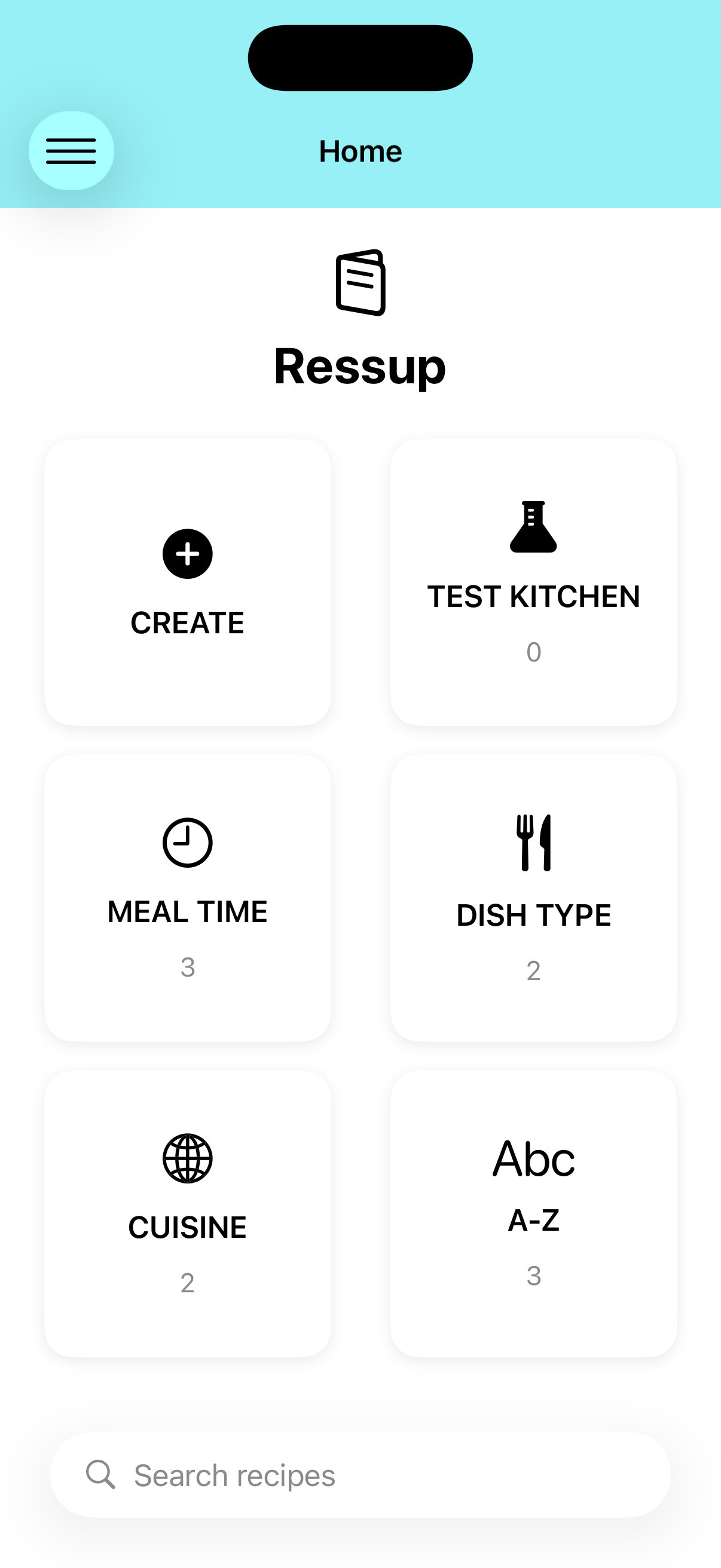 Ressup home screen showing recipe categories