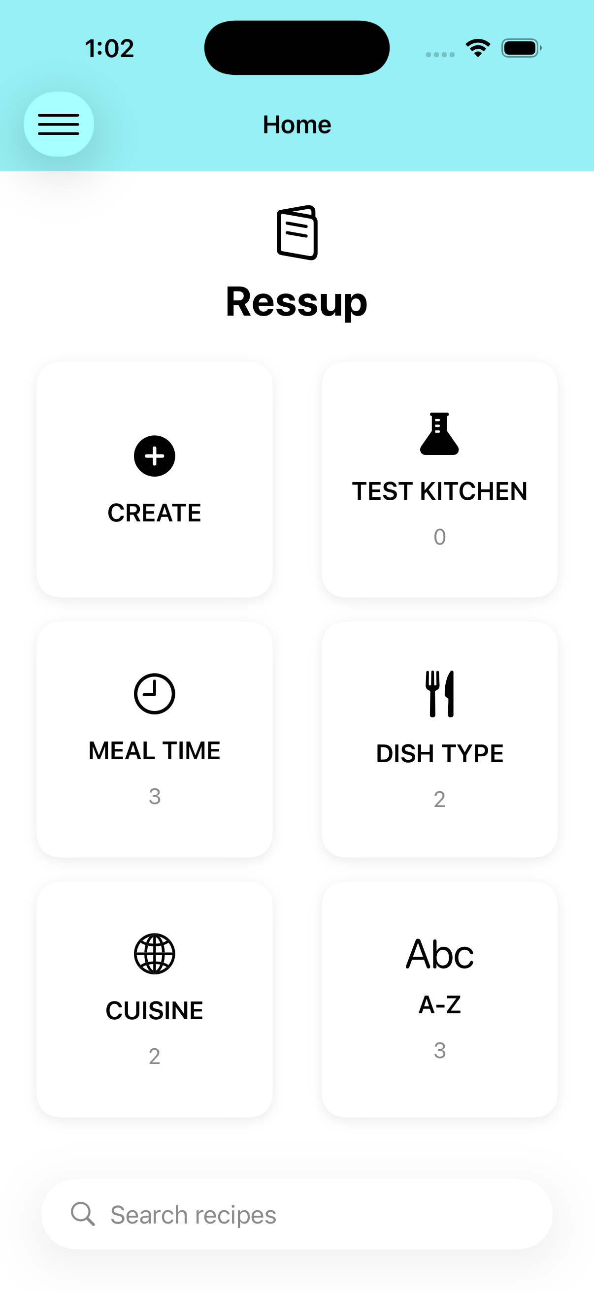 Ressup home screen showing recipe categories