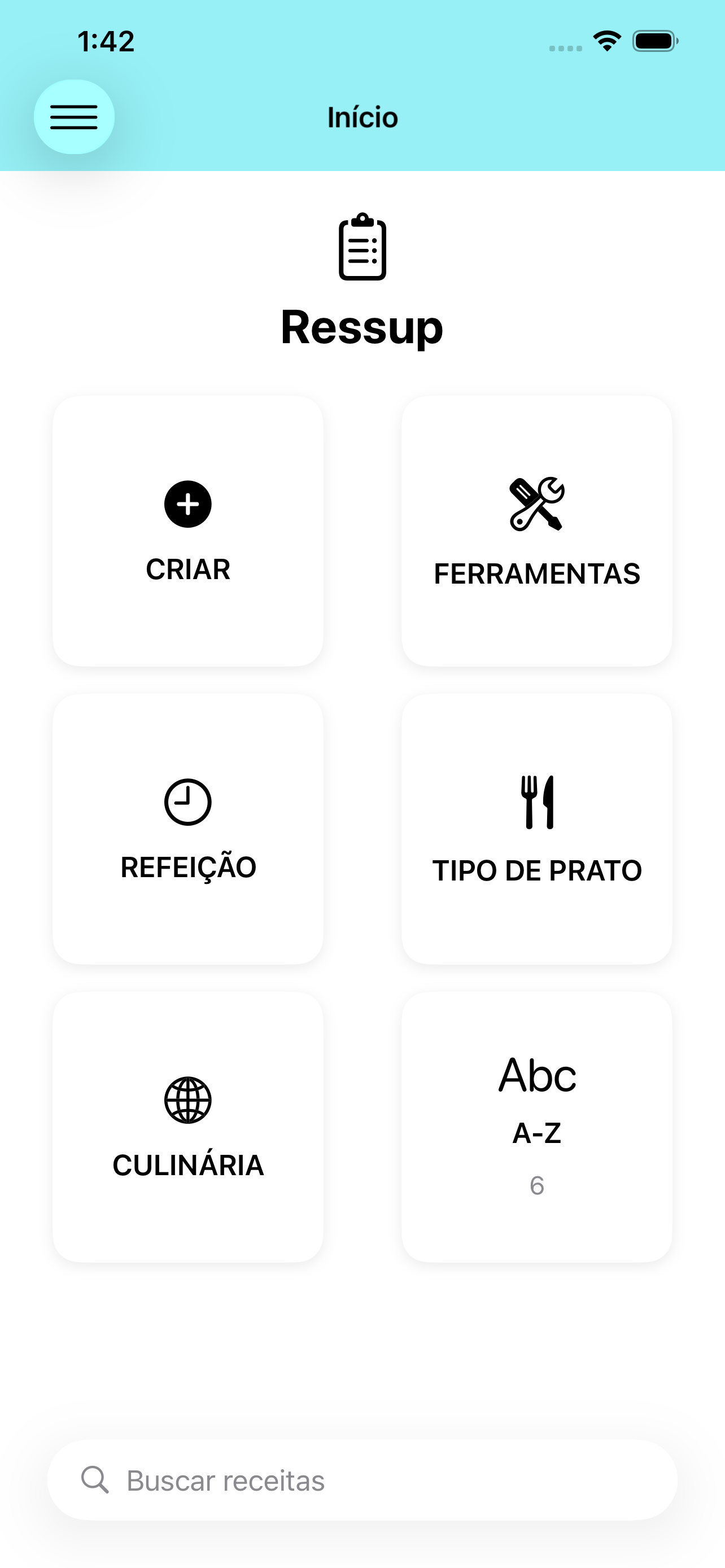 Tela inicial do Ressup mostrando categorias de receitas