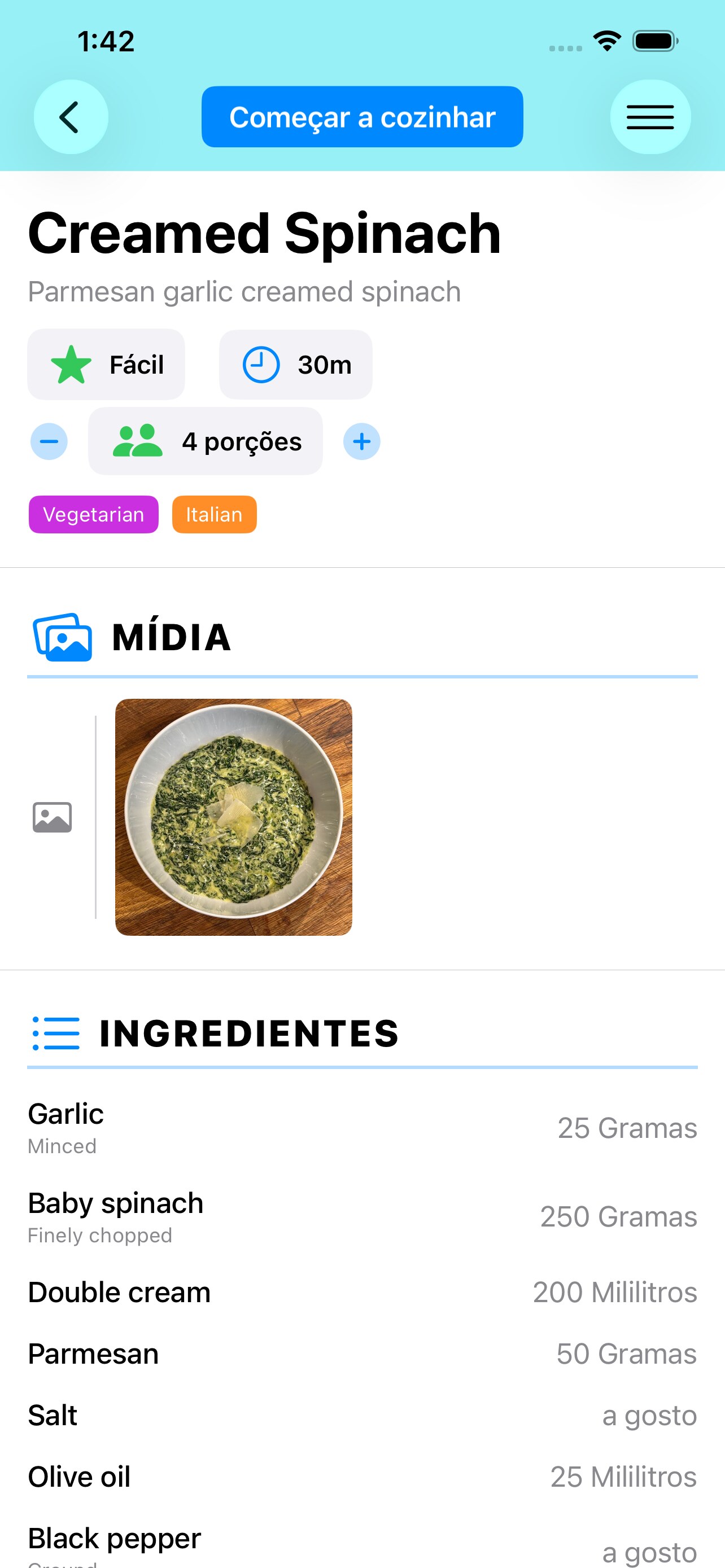 Visualização de detalhes da receita com ingredientes e passos