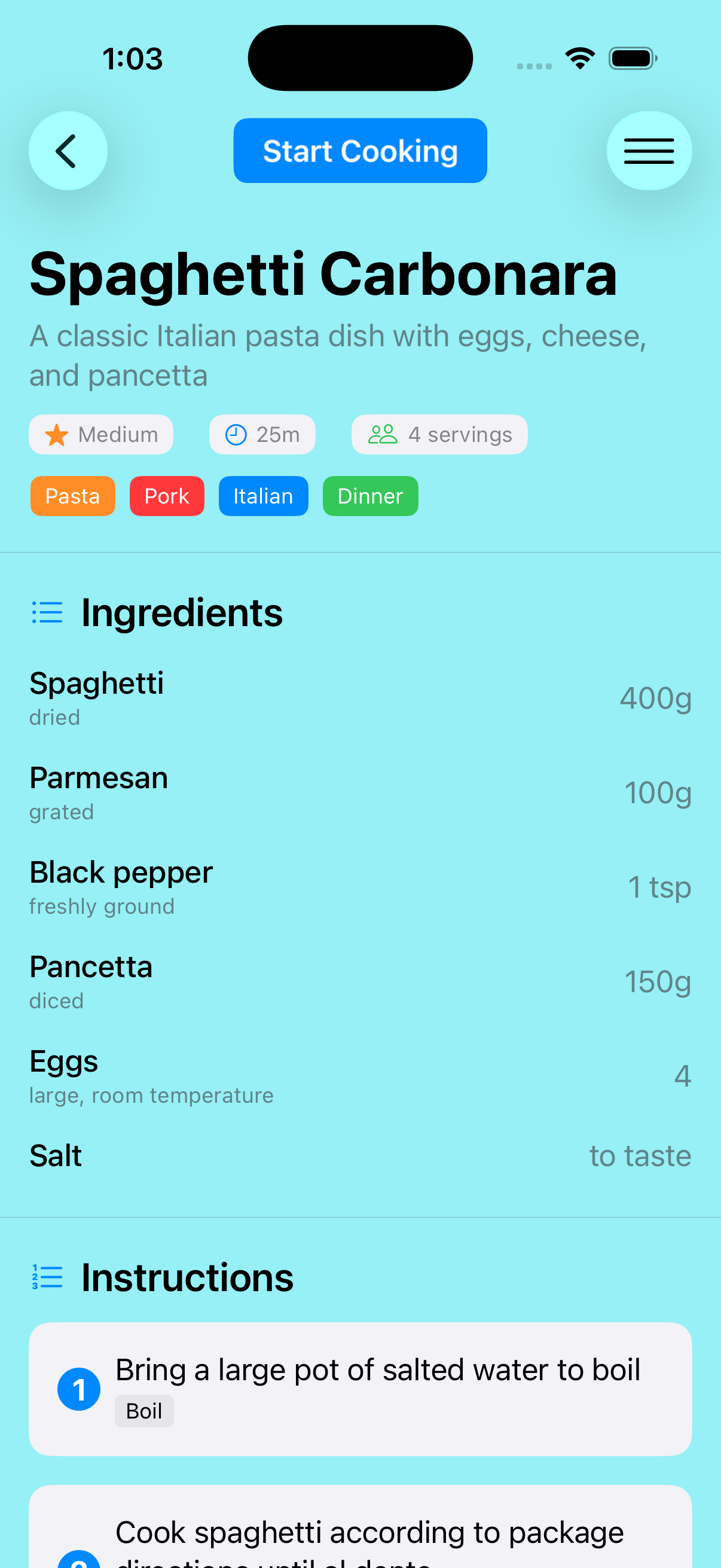 Recipe detail view with ingredients and steps